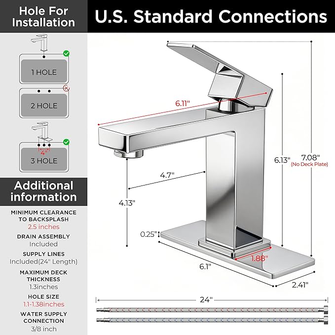 FORIOUS Bathroom Faucets for 1 or 3 Hole Sink, Chrome Single Handle Bathroom Faucet with Pop-up Drain and Supply Lines, Suitable for Vanity RV Lavatory Restroom