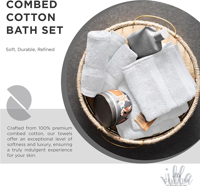 Villa Celestia 18-Piece 100% Cotton Towel Set, 4 Bath Towels, 6 Hand Towels, 8 Wash Cloth, Quick-Dry, White
