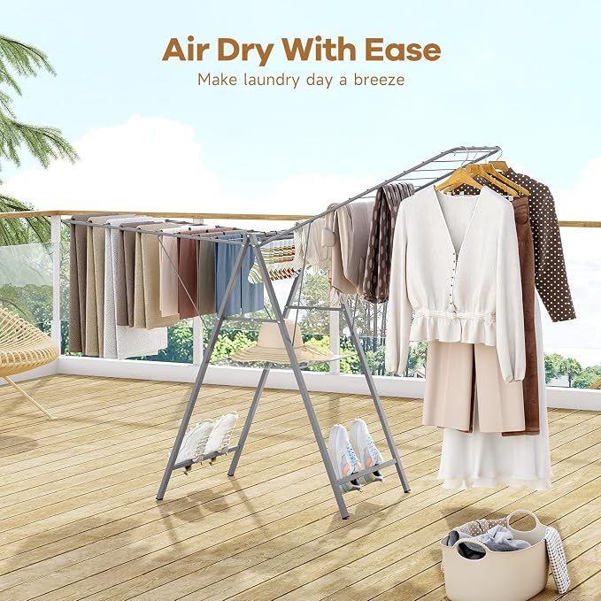 6 Height Adjustable Clothes Drying Rack with Shoe Slots, Grey | Pre-Assembled, Stable Load Structure, 22 Drying Rails, Foldable Space-Saving For Efficient Indoor & Outdoor Airflow Drying