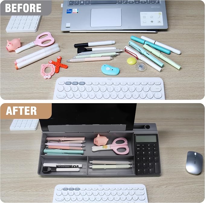 SELEAD Desktop Glass Whiteboard with Calculator, Dry Erase Board Computer Pad Keyboard Stand with Organizer Drawer for Home, School, Office Desk Accessories, Black