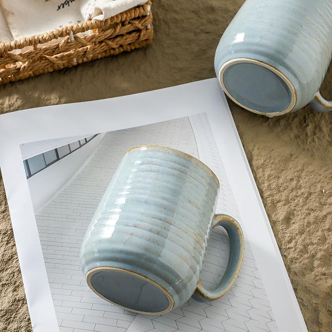 HASENSE Coffee Cups Ceramic, 12 Oz Reactive Glaze Coffee Mugs Set of 4, Large Tea Cup with Handle for Women and Men Gift, Dishwasher & Microwave Safe, Light Blue