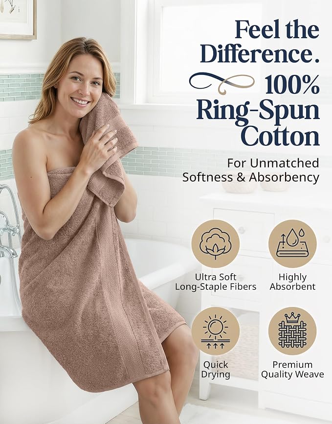 LANE LINEN Bath Towel Set Quick Dry 100% Cotton 6 Piece Soft - Taupe | Cotton Bath Towels - Classic Terry Weave, Densely Woven, Coordinated Colors, Dobby Border Accent, OEKO-TEX Certified