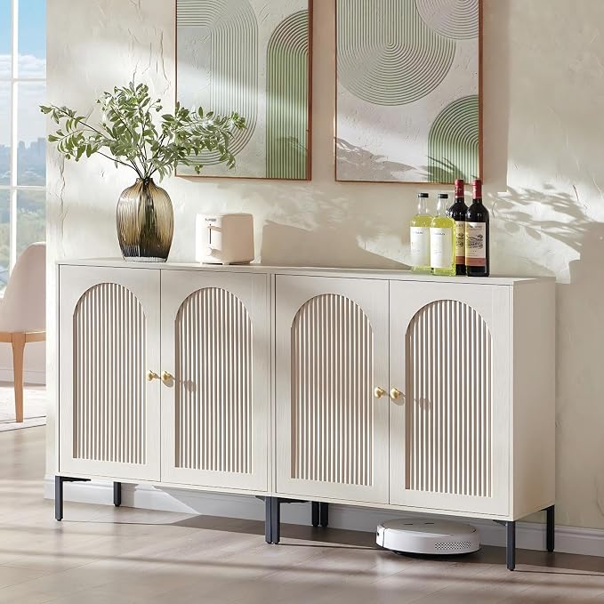 IFGET 61.75" W Modern Arched Sideboard Buffet Cabinet with Storage, Cream | Fluted Arch Sideboard Cabinet w/Adjustable Shelves, Wooden Modular Kitchen Cabinet for Dining& Living Room, Kitchen, Entryway