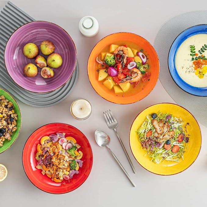 vancasso Bonita Pasta Bowls Set of 6, 38 oz Shallow Ceramic Bowls for Pasta, Salad, Soup & More - Microwave, Dishwasher & Oven Safe - Assorted Colors