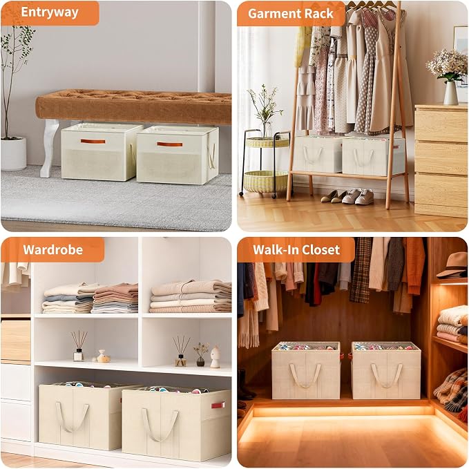 Aokeyee 2 Pack Shoe Organizer for Closet, Stackable Shoe Storage Box, Beige | Fits up to 32 Pairs, Space Saving, Foldable, Shoes Organizer Bin with Clear Cover, 4 Reinforced Handles
