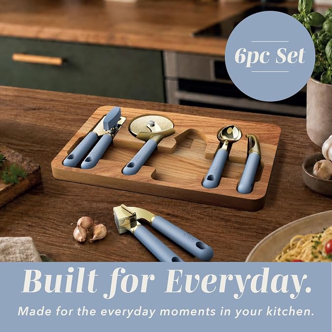 COOK WITH COLOR 6-Piece Kitchen Tool Set with Acacia Wood Cutting Board, Can Opener, Pizza Cutter & Prep Essentials, Blue