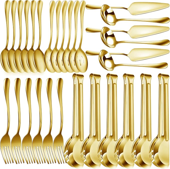 Thenshop 30 Pcs Serving Utensils Set Stainless Steel Flatware Serving Set Include Large Spoons Slotted Spoons Forks Soup Ladle Pie Server and Tongs for Buffet Catering Party Restaurant(Gold)