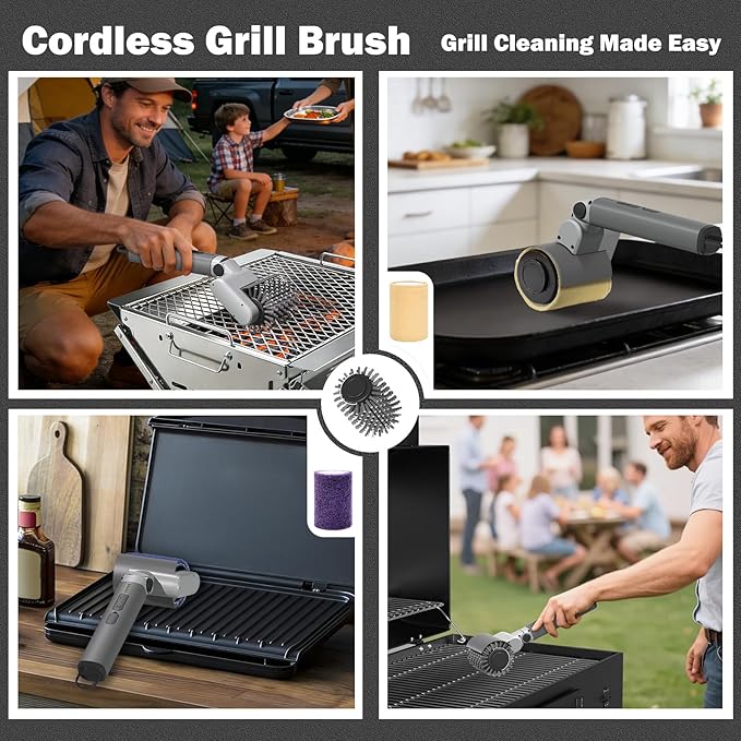 Electric Grill Brush, BBQ Grill Cleaner with 3 Heads, 3-Speed & Angle Adjust Cordless Rotary Grill Brush, IP67 Waterproof, 150Mins & 58W Motorized Grill Cleaning Brush Kit with 5200mAh Battery
