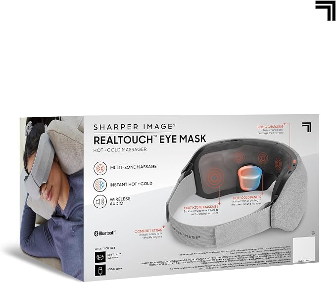 Sharper Image® RealTouch™ Eye Mask, Hot + Cold Massager, Air Compression, Puffy Under Eye Aid, Bluetooth Music, USB-C Rechargeable, Headache Stress & Anxiety Relief, Relaxation & Comfort Travel Gift