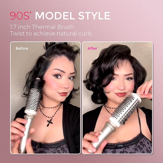 TYMO 2.0 Thermal Brush Curling Brush - STYLUX 1.7" Blowout Volumizer with Flexi-Fit for Hair Straightening, Heated Round Styler Tool, Hair Straightener and Curler 2 in 1, Dual Voltage & Light, Gold