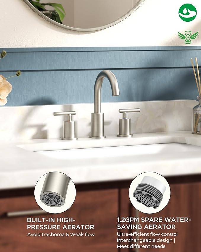 FORIOUS Brushed Nickel Bathroom Faucet 3 Hole with Metal Pop Up Drain and 24" Supply Hose, 2 Handle 8 Inch Widespread 3 Hole Vanity Faucet for Bathroom Sink Brush Nickel with 360° Swivel Spout