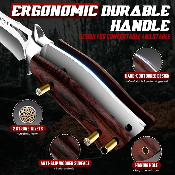 Dragon Creek Fixed Blade Knife - Bowie Knife with Wooden Handle | with Leather Sheath for Fishing Camping Men Gift
