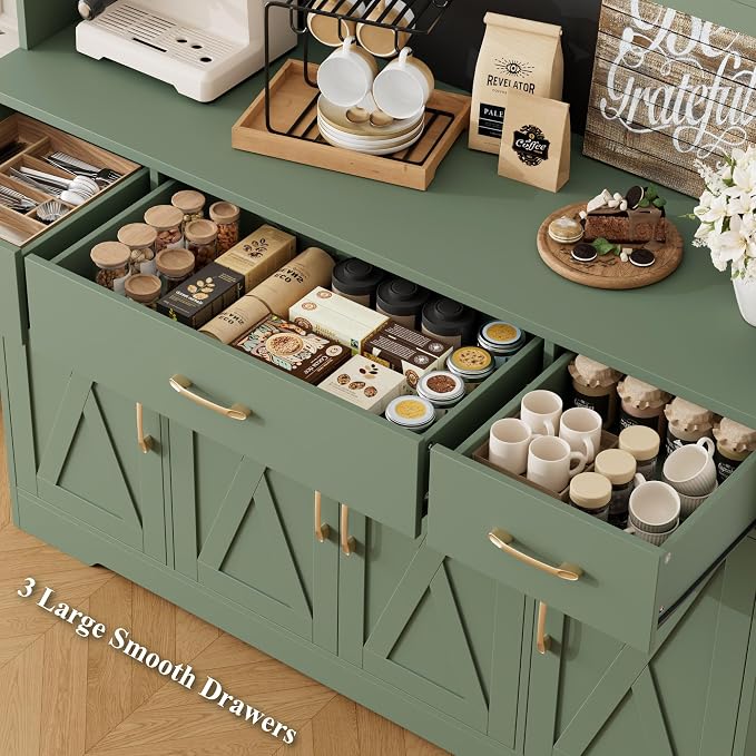 HOSTACK 71" Tall Kitchen Pantry Storage Cabinet, 55" W Kitchen Hutch, Green | Large Pantry Cabinet with Charging Station / Countertop / 3 Drawers, Farmhouse Hutch Cabinet with Storage for Dining Room