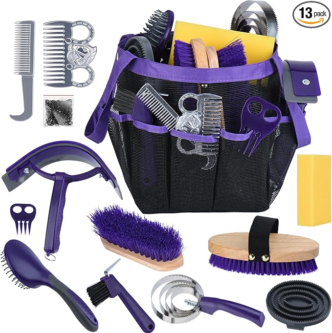 13 Piece Horse Grooming Kit, Complete Horse Brush Set & Curry Comb, Horse Brushes for Grooming with Tote Bag, Tack Room Supplies for Effective Bathing Massaging, Gift for Horses Owners (Purple)