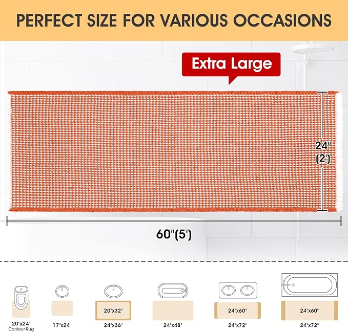 IM HOME Waffle Bath Mat Orange & Cream 5'x2', Boho Woven Modern Bath Mat Rugs, Absorbent Non Slip Bathroom Rugs, Soft Washable Bath Rugs with Tassels for Bathroom, Bedroom, Kitchen, Shower, Tub
