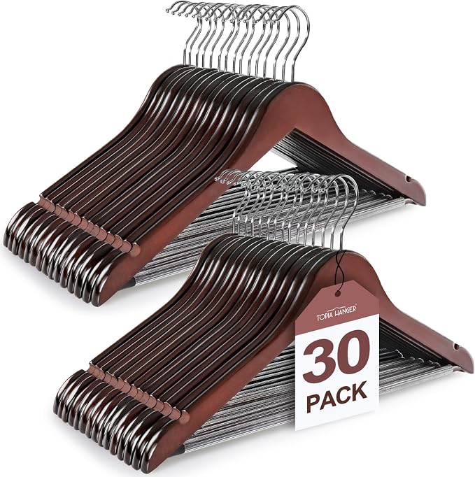 TOPIA HANGER Wooden Coat Hangers 30 Pack, Cherry Wood Suit Hangers with Non Slip Pants Bar, 360° Swivel Hook and Shoulder Notches for Camisole, Jacket, Pants, Smooth Finish Clothes Hangers - CT34M30