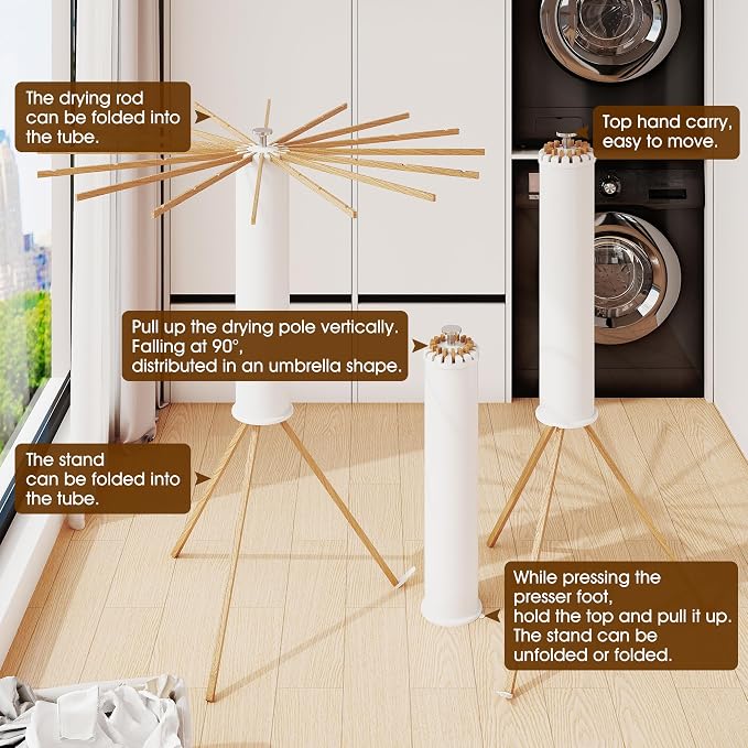 BOQORAD Clothes Drying Rack Foldable,Laundry Drying Rack,Drying Rack Clothing(16 Wood Poles),Clothes Hanger Rack,Laundry Rack Folding,Collapsible,Retractable