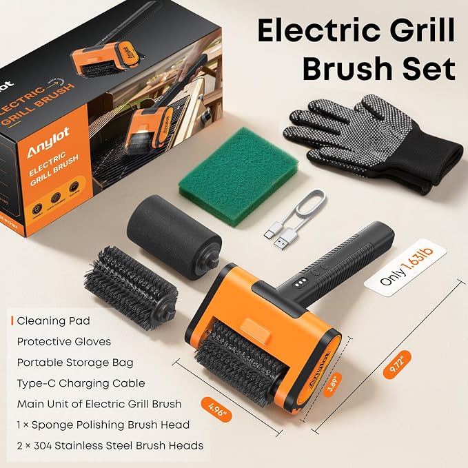 Electric Grill Brush - 1500RPM 3 Speeds, Cordless BBQ Cleaner with LED Light, 4000mAh Rechargeable BBQ Grill Brush for Outdoor Stainless Steel Cast Iron Grates