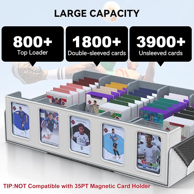 Kabinka Soccer Card Storage Box with Window Display, 5-Row Sport Card Storage Box, 3900+ Card Deck Box for Soccer Sports Card TCG, 5 Top Loaders, 5 Stoppers, 48 Dividers, 1 Dice Tray (Soccer 1)