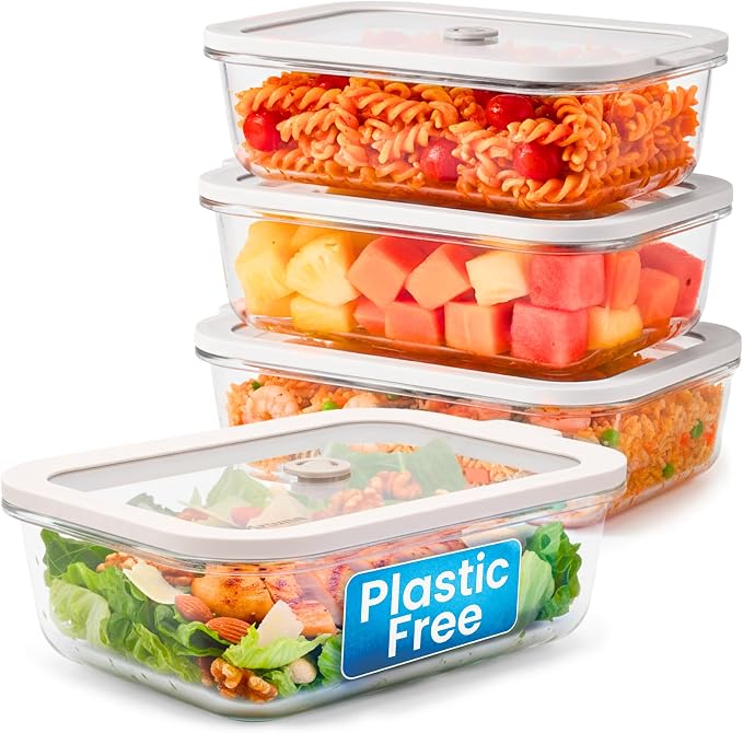 Non-Toxic Glass Food Containers with Lids, 4-Pack, 35 oz, Airtight, Gray | Plastic & BPA free. Glass body, glass lid & platinum silicone seal. Airtight & leakproof. Freezer & microwave safe.