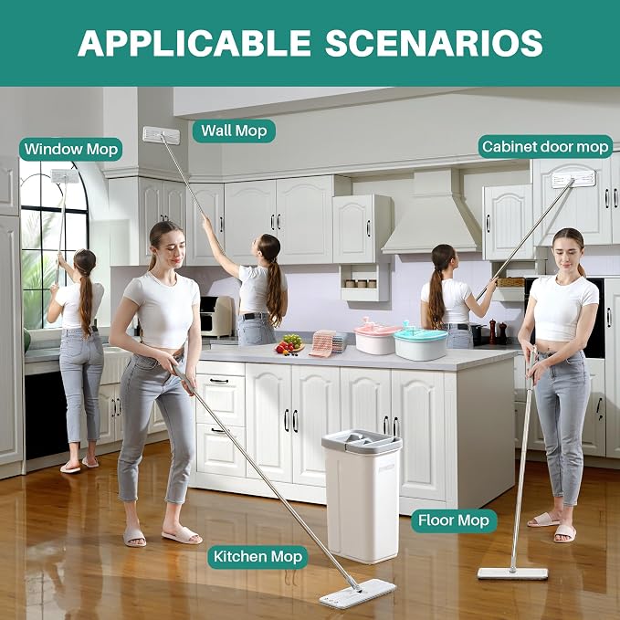 JOYMOOP Flat Mop and Bucket Set, White Microfiber Flat Mop System, Hands-Free Floor Cleaning Kit, 8 Washable Microfiber Pads, Wet and Dry Use, Commercial & Household Floor Cleaning Kit