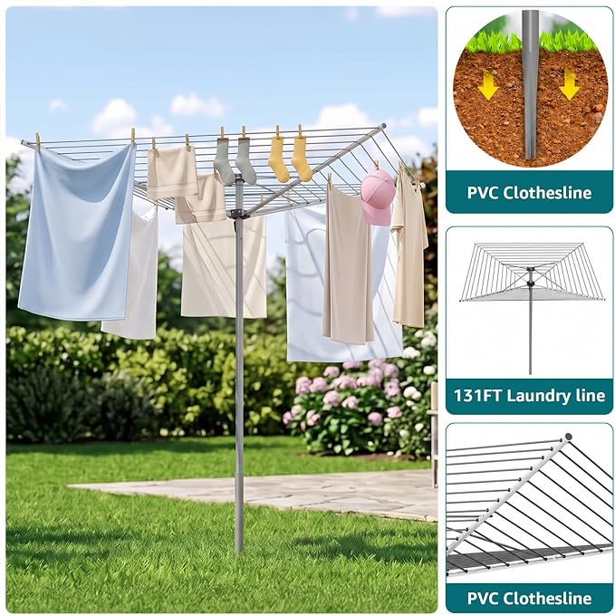 131FT Outdoor Umbrella Clothes Drying Rack | 131FT Metal Drying Rack Clothing, 4-Arm 360°Rotary, Collapsible Clothesline for Lawn Garden Backyard, 67.52" Height