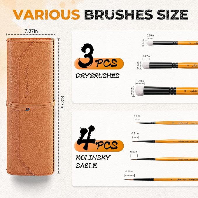 Golden Maple Kolinsky Sable Brushes,7PCS Miniature Paint Brushes Set with DryBrushes #3,5,6 for Miniature,Model,Oil,Acrylics,Watercolor,Gouache