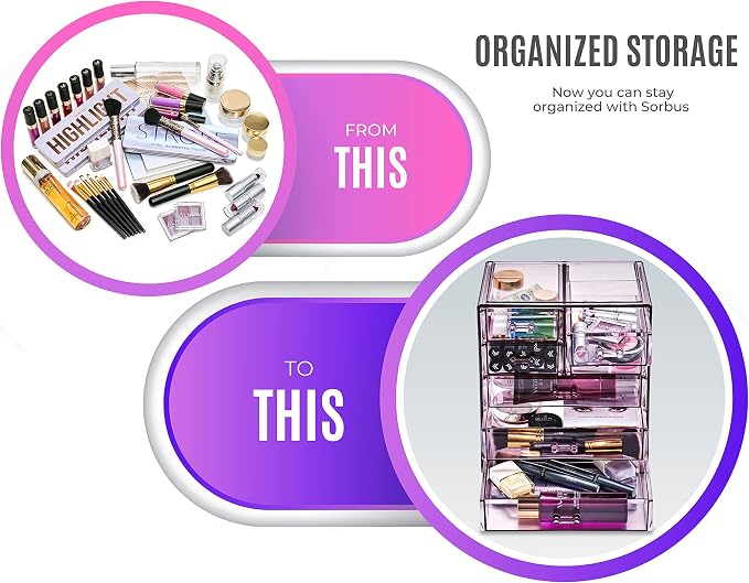 Sorbus Acrylic Makeup Organizer Set, 7-Drawer Vanity & Countertop Cosmetic Storage with Small & Wide Drawers, Purple Makeup Storage for Brushes, Lipsticks, Jewelry – Holiday Gift for Women & Teens