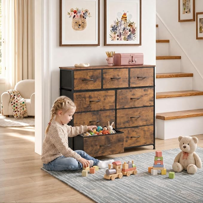 WLIVE 9-Drawer Dresser, Fabric Storage Tower for Bedroom, Hallway, Entryway, Closet, Tall Chest Organizer Unit with Fabric Bins, Steel Frame, Wood Top, Easy Pull Handle, Rustic Brown Wood Grain Print