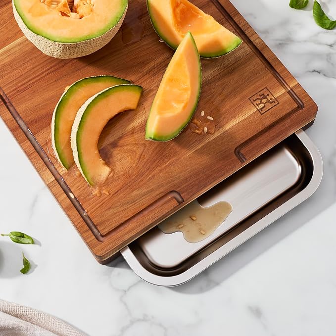 ZWILLING BBQ+ Cutting Board with Stainless Steel Tray, Acadia Wood, 17" x 14" x 13"
