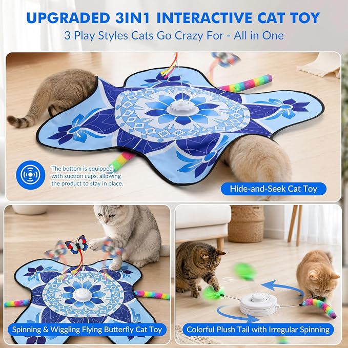 Wortade Interactive Cat Toys for Indoor Cats Rechargeable, Moving Concealed Wand Feather, Automatic Fluttering Butterfly Cat Stimulation Toys for Indoor Cats, Hide and Seek Kitten Toy (Blue)