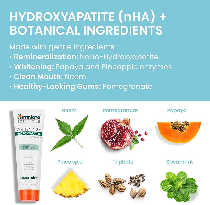 Himalaya Botanique Whitening Hydroxyapatite Toothpaste, Spearmint, 4 oz | Nano Hydroxyapatite Toothpaste, Support Enamel Strength & Integrity,Great for Sensitive Teeth, Fluoride Free,SLS Free & Vegan