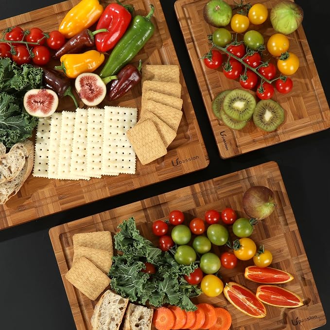 Heavy Duty Bamboo Cutting Board Set 3 Pack Non Toxic Juice Groove Charcuterie Board Book Wood Cutting Boards for Kitchen Solid End Grain Wood Chopping Board Large Butcher Block