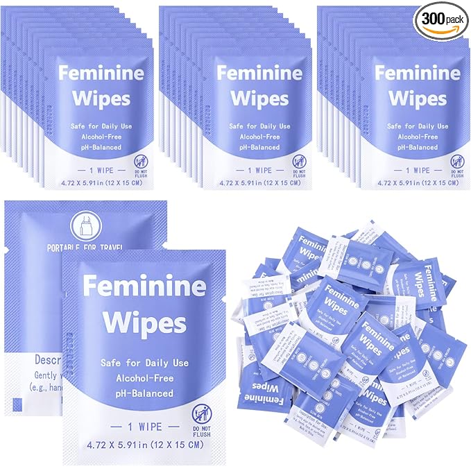 300 Pieces Bulk Feminine Wipes Individually Wrapped Travel Size Women Unscented Intimate Period Cleansing Wipes Deodorant Feminine Products Care Kits Private Parts Ph Balanced(Purple)