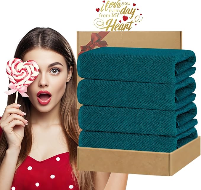 VOOVA & MOVAS Bath Towels 4PC, 100% Cotton, 30x56 in, Deep Turquoise | Thick, Soft, Absorb, Quick Dry, Luxury Towel Gift Set, Suitable For Home, Spa, Holiday Present