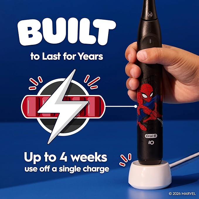 Oral-B iO Kids Limited Rechargeable Electric Powered Toothbrush, Spiderman with 1 Gentle Care Brush Head - Automatic Pressure Sensor to Protect Gums - 3 Cleaning Settings - 2 Min Music Timer