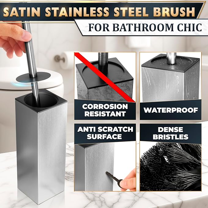 Silver Toilet Brush and Holder Set Stainless Steel – Square Design Toilet Bowl Brush and Holder, Rust, Corrosion & Scratch Resistant with Splash Protection, for Efficient Cleaning and Neat Storage