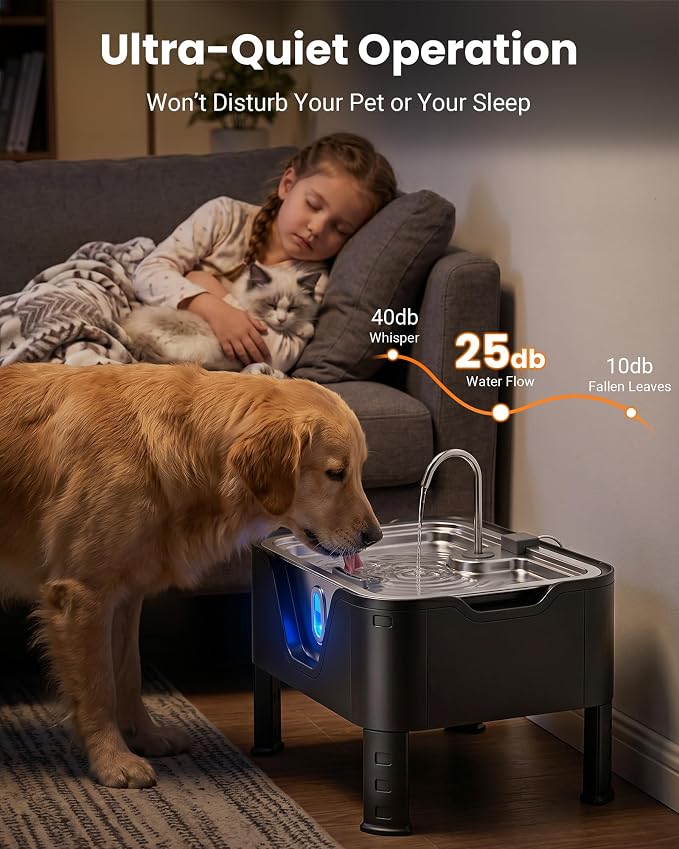 3.17Gal/ 12L Large Dog Water Fountain Elevated Dog Bowls with 3 Filters | 3-Height Adjustable Dog Water Bowl Dispenser, Quiet Stainless Steel Pet Water Fountain for Multi-Pet, Water Level Alert