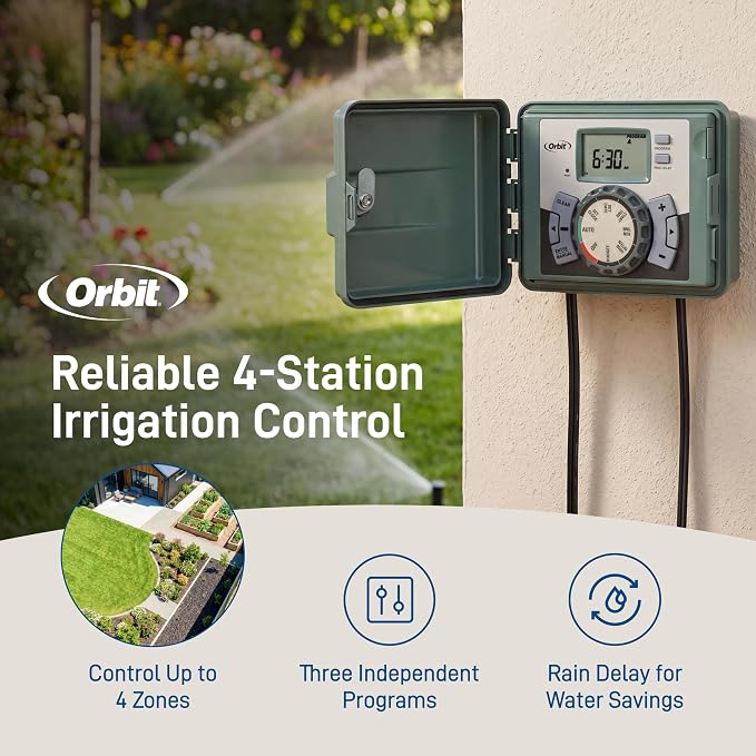Orbit 4-Station Outdoor Swing Panel Sprinkler System Timer - for Residential Lawn Watering - Multi-Station Irrigation Controller - Custom Watering Intervals - Indoor/Outdoor Installation - 57894