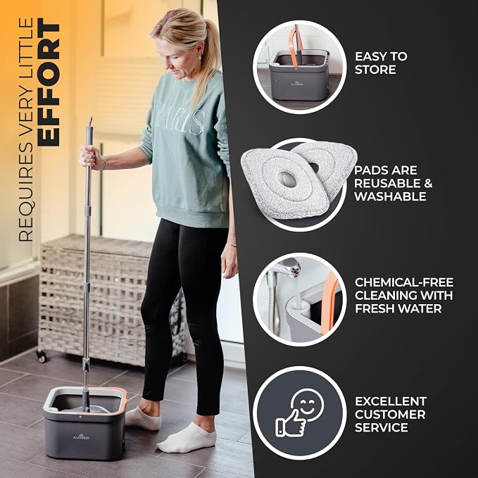 Spin Mop and Bucket Set with Wringer – Dual-Chamber Self Wringing Mop, Flat Microfiber Mop for Hardwood, Tile & Vinyl Floors, 2 Washable Replacement Heads, 63" Handle, Gray