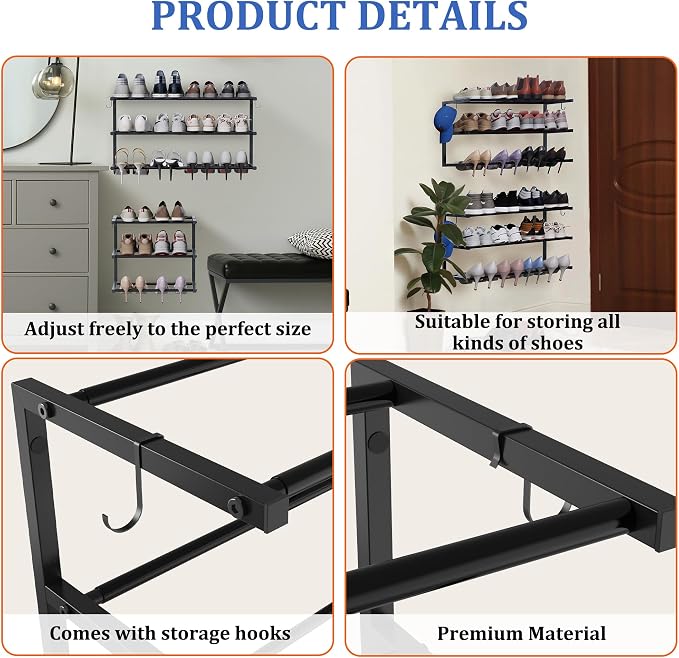 3 Pack Wall Mounted Shoe Rack, 3 Tier Hanging Shoe Rack Holds 36 Pairs, 17"-30"Adjustable Heavy Duty Metal Shoe Organizer Holder with 6 Storage Hooks, Space Saving for Closet Entryway Doorway（Black)