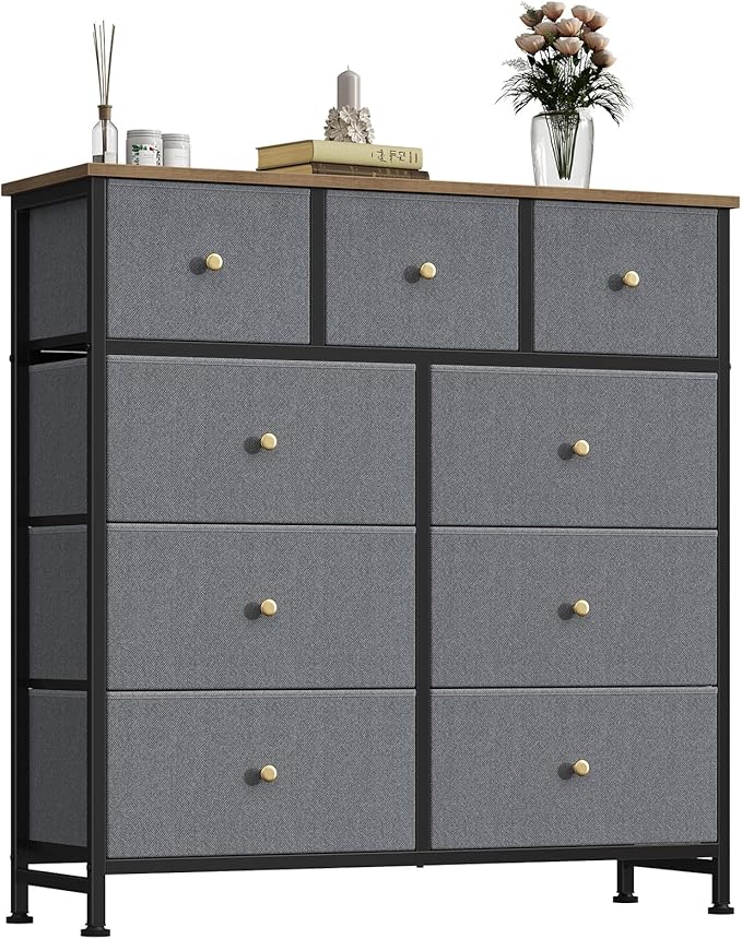 OLIXIS 9 Drawer Storage Dresser with Wood Top - Wide Fabric Chest Organizer for Bedroom, Closet, Living Room,Tower Cabinet, TV Stand, Hallway Entryway Furniture,Gray Blue