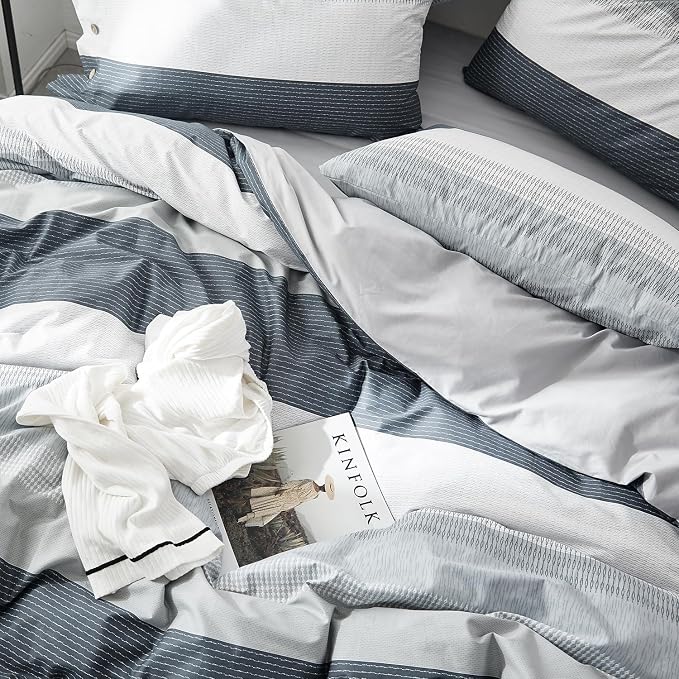 mixinni Geometric Striped Duvet Cover Set - 100% Natural Cotton, Grey & White Stripes, Queen Size, 3-Piece Bedding Set with Zipper Closure