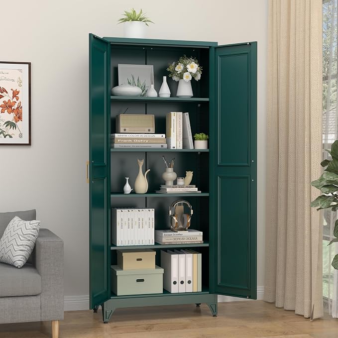 SteeLoong 75”Metal Pantry Storage Cabinet with Doors & 4 Adjustable Shelves | Kitchen Pantry Cabinet,Green Kitchen Cabinet with 2 Gold Handles,Tall Cabinet for Livingroom,Pantry, Bathroom,Kitchen,Garage