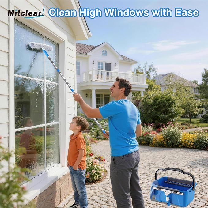 Mitclear Professional Window Cleaning Kit with Bucket 3 Gallon, 14" Window Squeegee Microfiber Scrubber with 77" Long Handle, Window Washing Equipment Cleaner Tools for Home Outdoor Car Commercial Use