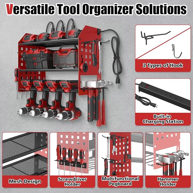 SUNALLY Power Tool Organizer Wall Mount with Charging Station,3 Layer Metal Tool Storage Rack with 4 Drill Holders, Heavy Duty Power Tool Shelf for Garage, Warehouse, Workshop, Gifts for Men, Husband