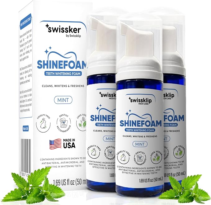 Swissker by Swissklip ShineFoam | Teeth Whitening Foam | Mint Flavor Whitening Toothpaste | Teeth Whitener I Professional Teeth Whitening Kit | 100% Vegan - Made in USA - 1.69 oz - Pack 3 | 3 Pack: Whitening Gel Kit, Teeth Whitener, Hydrogen Peroxide F...