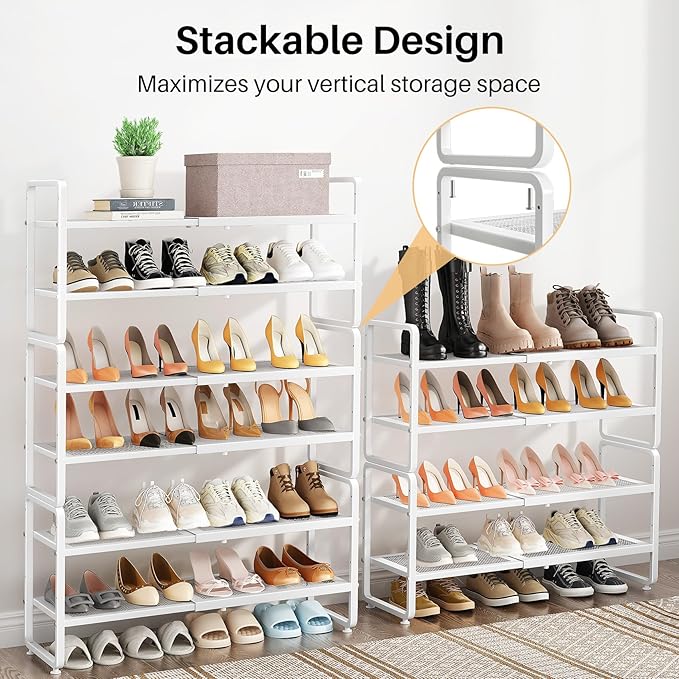 SNTD Shoe Rack - Expandable Shoe Organizer for Closet, Adjustable Metal Shoe Shelf Storage, Stackable Long Shoe Stand Holder for Garage, Entryway, Door Entrance (White, 4-Tier)