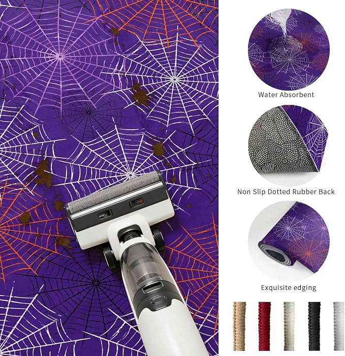 Hallway Runner Rug 2'x6', Purple Halloween Washable Bathroom Area Rugs for Kitchen Bedroom Laundry, Red Black White Net Halloween Non Slip Door Mat Indoor Entrance Floor Throw Bedsides Carpet
