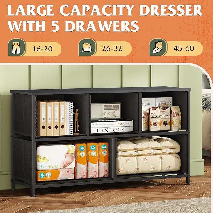 WLIVE Wide Dresser for Bedroom, 5 Drawer Chest of Drawers, Vintage Green | 5 roomy fabric drawers, Wide storage design, Bedroom or closet use, Sturdy steel frame, Smooth wood tabletop